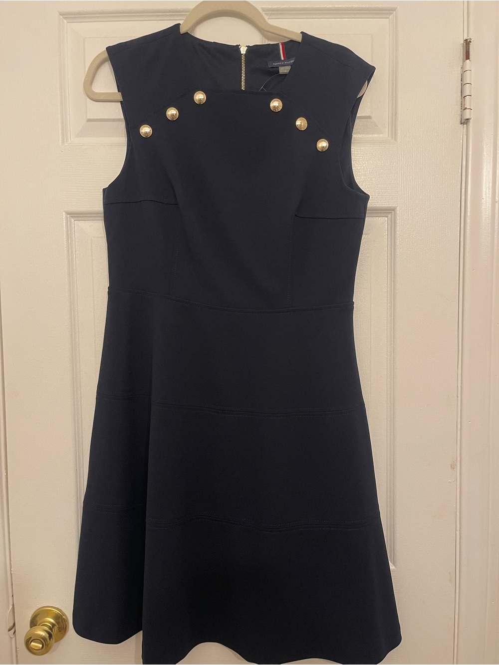 Tommy Hilfiger Navy Sleeveless Fit-and-Flare Dress with Gold Button Detail